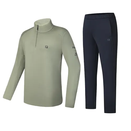 FILA Casual Sportswear Men's Clothing Sets Cloud Green T Shirt+Royal Blue Pants Stand Collar Moderate