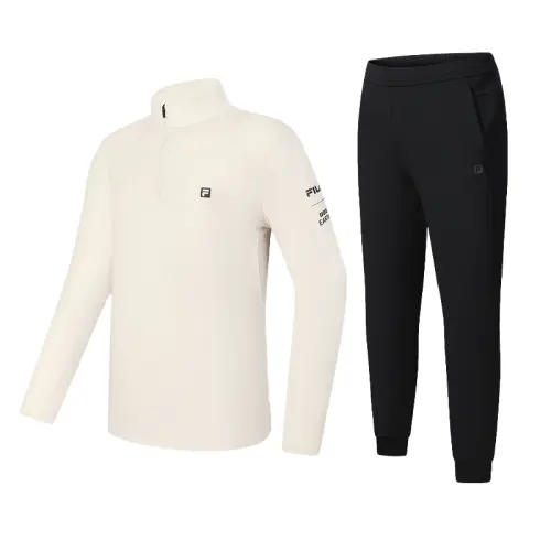 FILA Casual Sportswear Men's Clothing Set Gray T Shirt+Pitch Black Pants Stand Collar Moderate
