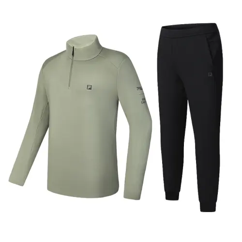 FILA Casual Sportswear Men's Clothing Sets Cloud Green T Shirt+Pitch Black Pants Stand Collar Moderate
