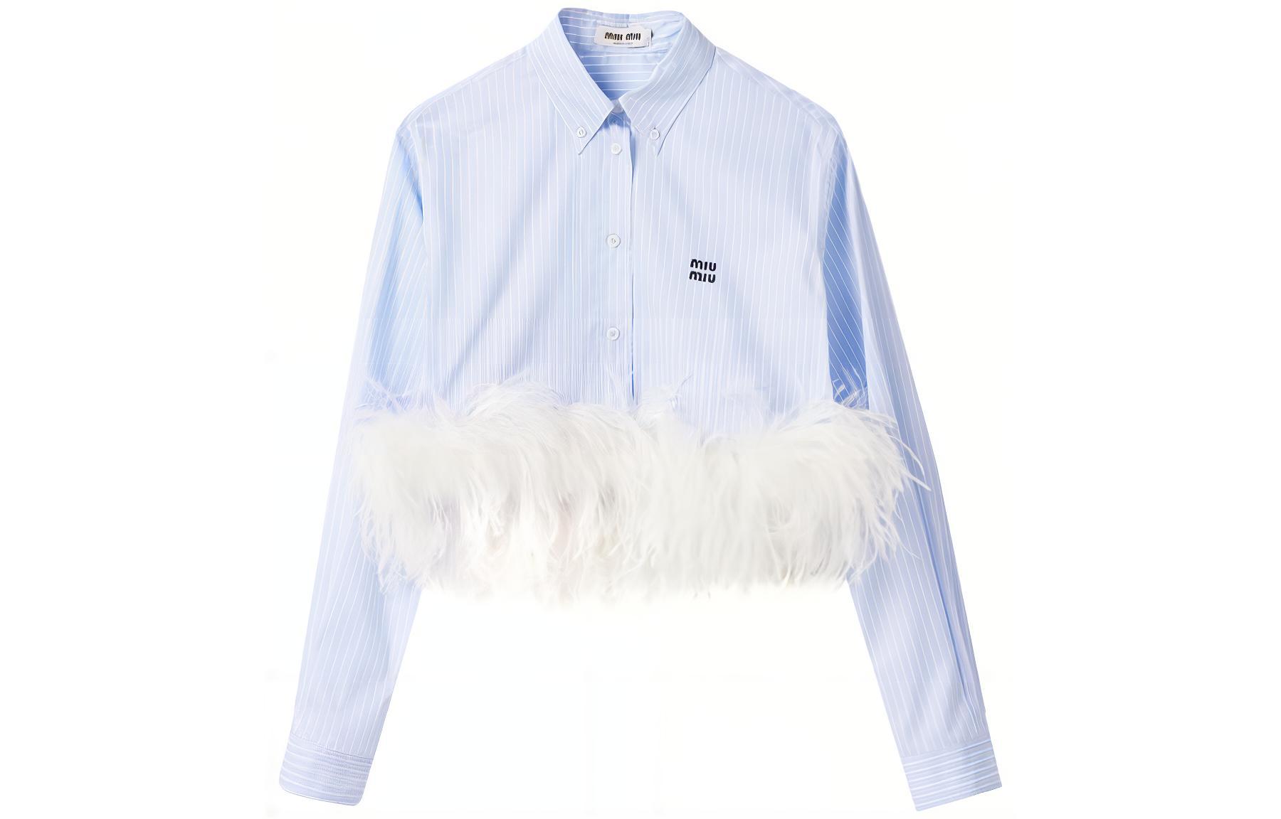 MIU MIU Miu Miu SS24 Striped Cotton Hem Feather Decorated Short Long Sleeve Shirt Women's Sky Blue