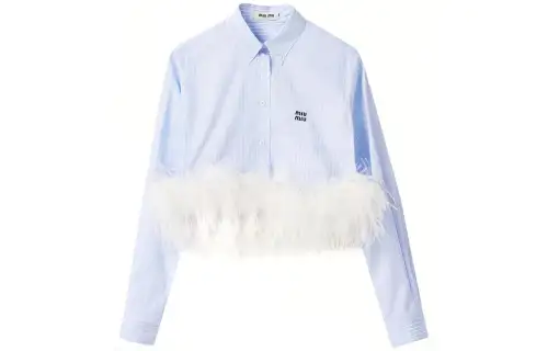 MIU MIU Miu Miu SS24 Striped Cotton Hem Feather Decorated Short Long Sleeve Shirt Women's Sky Blue