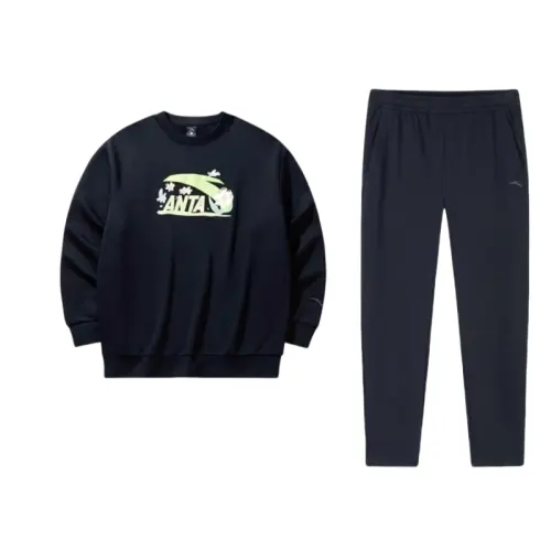 Anta Life Collection Letter Loose Fit Crew Neck Pullover Fleece Lined Casual Sportswear Men's Black