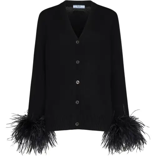 PRADA Feather-Trimmed Button Down Cardigan