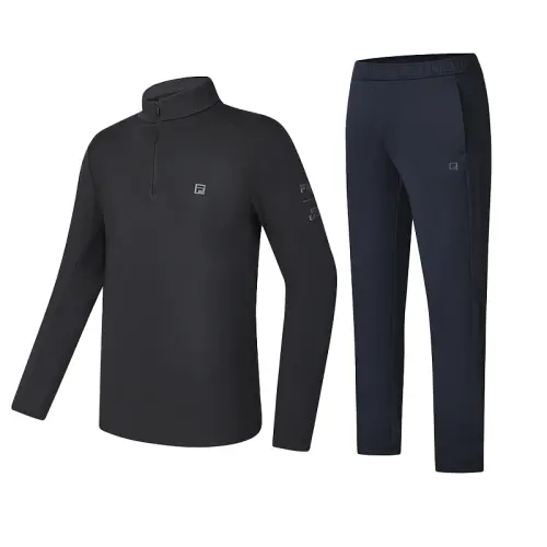 FILA Casual Sportswear Men's Clothing Sets Pitch Black T Shirt+Royal Blue Pants Stand Collar Moderate