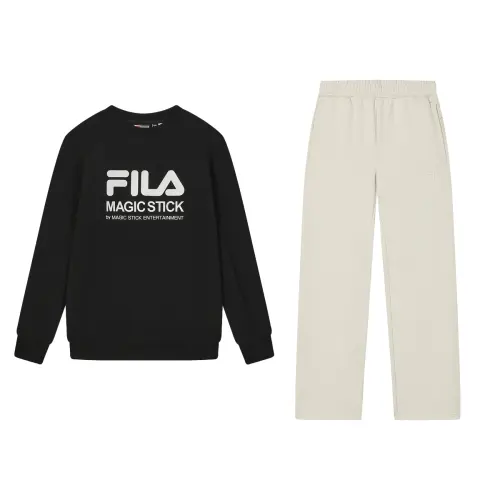 FILA Casual Sportswear Men's Set Jet Black Sweatshirt+Oat Pants Crew Neck Moderate