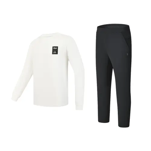 FILA Casual Sportswear Men's Clothing Set Snow Top+Black Pants Crew Neck Moderate