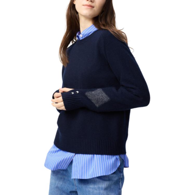 UNIQLO /UNIQLO x Anya Hindmarch joint model FW24 cuff thumb hole eye pattern round neck pullover cashmere sweater for women, navy blue