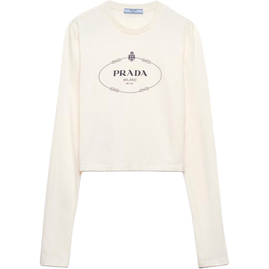 PRADA Prada SS25 Spring and Summer Women's Collection Solid Color Round Neck Printed Jersey Long Sleeve Regular T-Shirt Women's Ivory