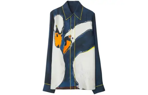 Burberry Swan-print Long-sleeve Silk Shirt
