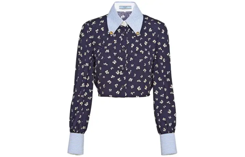 PRADA Silk Jacquard Print Shirt Women's Marine Blue