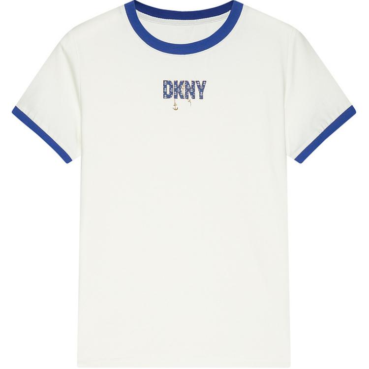 DKNY Круглый воротник Твердый цвет для отдыха Комфортный короткий рукав Футболка женский белый