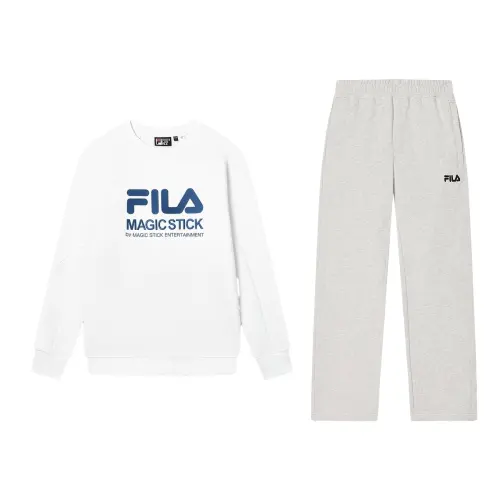 FILA Casual Sportswear Men's Clothing Sets Standard White Sweatshirt+Moonlit Gray Pants Crew Neck Moderate