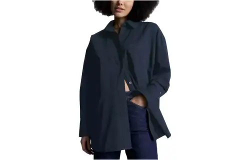 Tommy Hilfiger FW23 Oversized Solid Poplin Shirt Tops & Shirts Desert Sky solid color loose lapel single-breasted long-sleeved shirt women's black