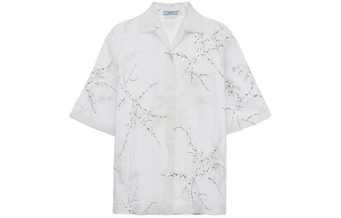 Prada Floral-Embroidered Drop Shoulder Sheer Shirt