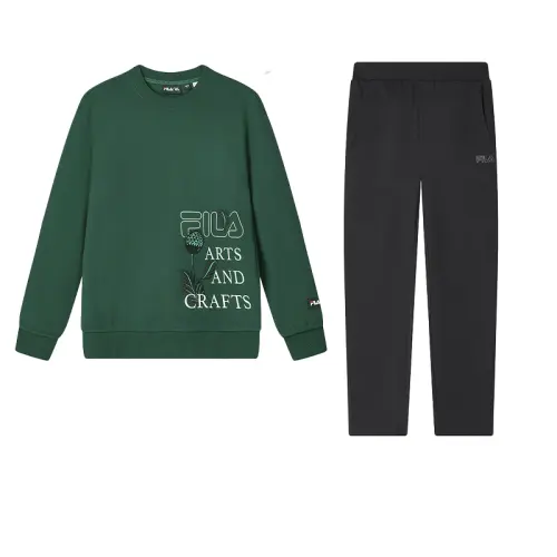 FILA Casual Sportswear Men's Set Night Shadow Green Sweatshirt+Jet Black Pants Crew Neck Moderate