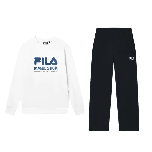 FILA Casual Sportswear Men's Clothing Sets Standard White Sweatshirt+Jet Black Pants Crew Neck Moderate