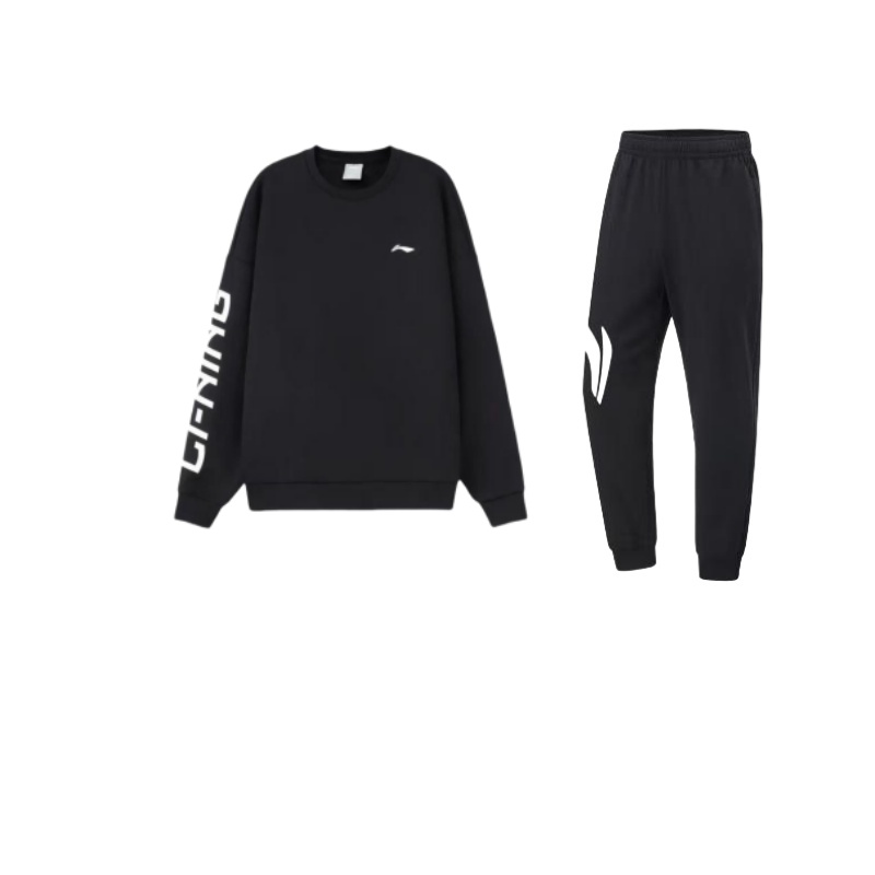 Li Ning Training Series Logo Print Fleece Lined Thermal Pullover Sweatshirt With Solid Color Elastic Mid Rise Pants