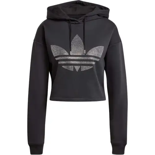 Adidas Rhinestone Trefoil Loose Crop Hoodie Black