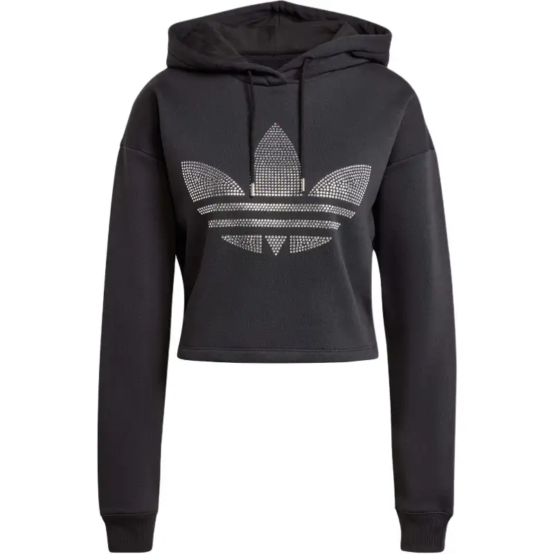 Adidas Rhinestone Trefoil Loose Crop Hoodie Black