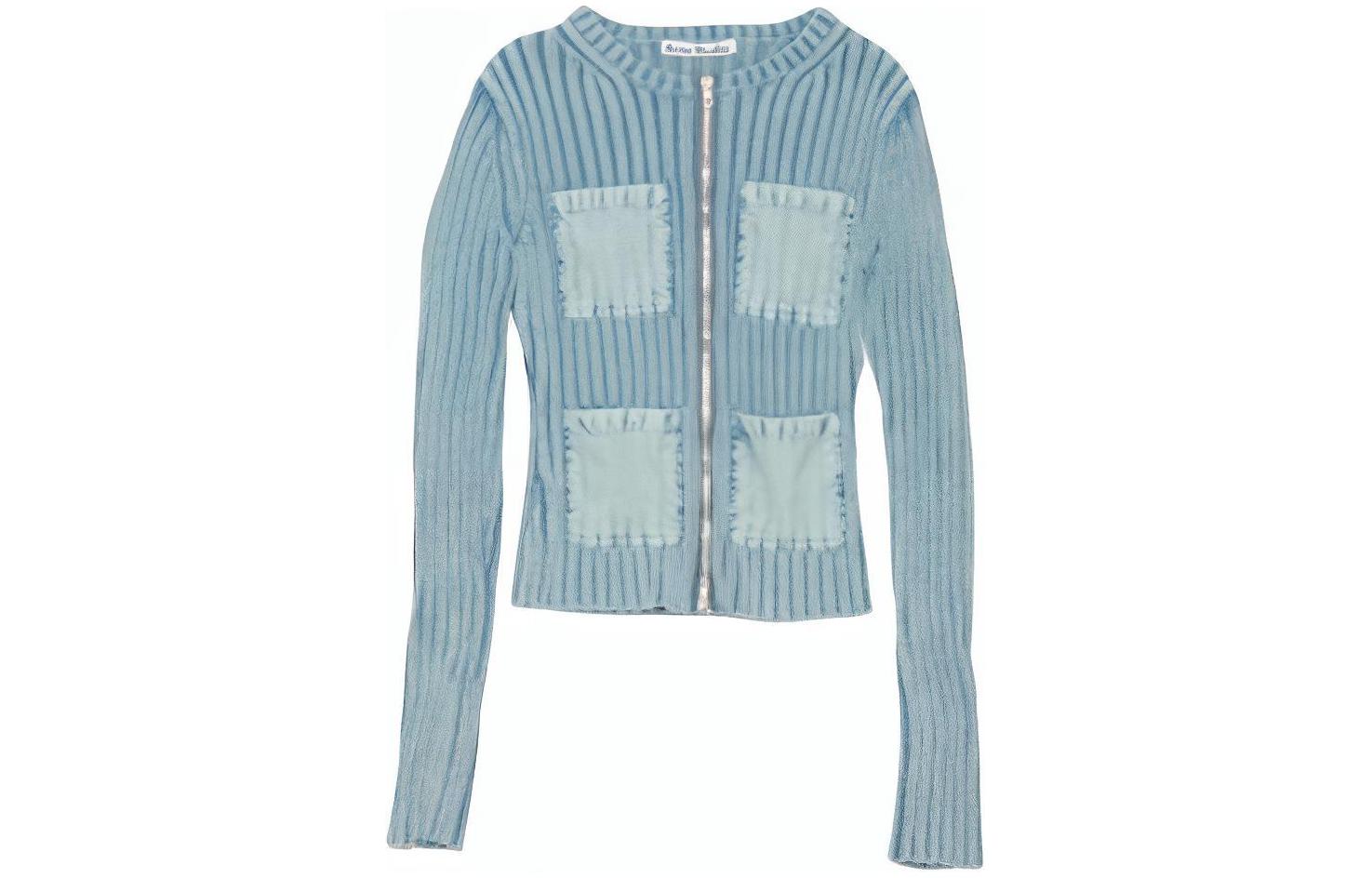 Acne Studios SS24 Retro striped patchwork pocket ribbed zipper short sweater for women, fog blue