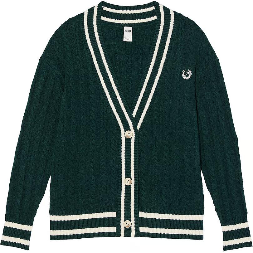 Женский кардиган Victoria's Victoria's Secret PINK Collegiate Cable-Knit Oversized Cardigan/Deep Forest (темно-зеленый)