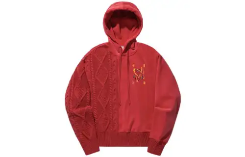 Li Ning Earning Money Every Day Collection, Fleece Lined Thermal Patchwork Pullover Hooded Sweatshirt Women's Samba Red