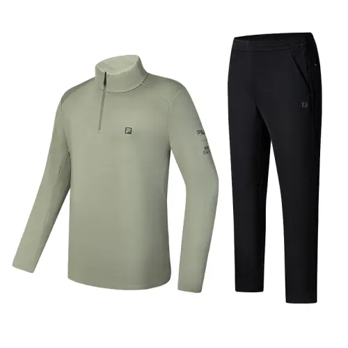 FILA Casual Sportswear Men's Clothing Sets Cloud Green T Shirt+Pitch Black Pants Stand Collar Moderate