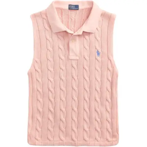 Polo Ralph Lauren SS25 pony embroidered garment dyed solid color cotton cable knitted double button Polo collar pullover symmetrical slit hem short knitted vest Slim version women's pink sand color