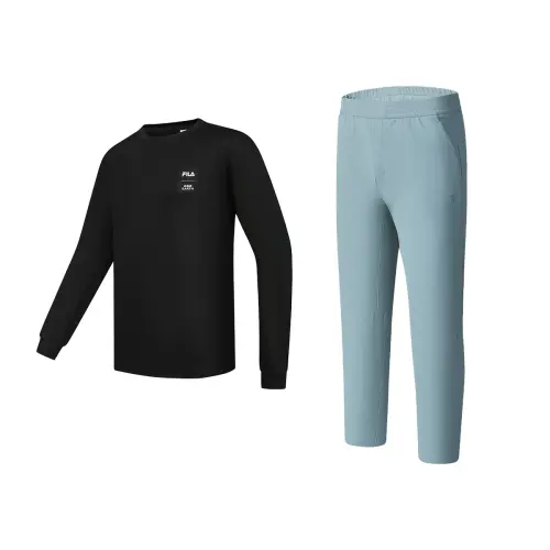 FILA Casual Sportswear Men's Clothing Sets Black Top+Blue Pants Crew Neck Moderate