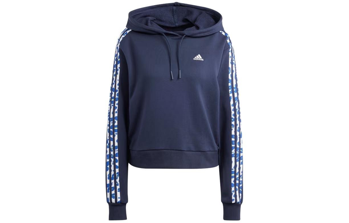 Adidas Essentials 3 Stripes Animal Print Relaxed Hoodie Sweatshirt Women's Marine Blue