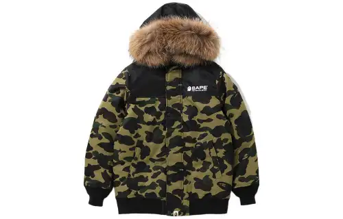 A BATHING APE Bape Down Jackets Women's Green Hooded Moderate Down Shirt Jacket