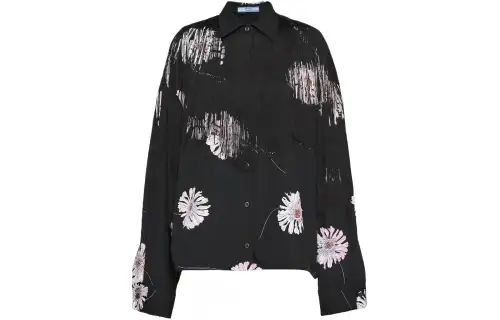 Prada Rose-Printed Long-Sleeved Fringed Shirt