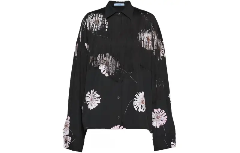 Prada Rose-Printed Long-Sleeved Fringed Shirt