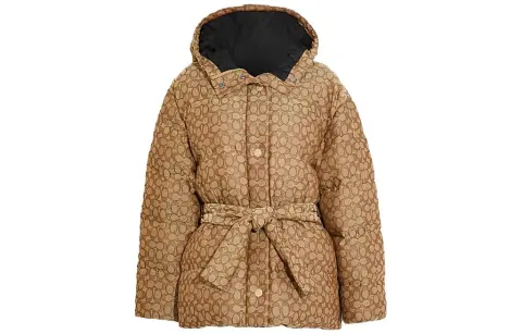 COACH FW23 Women's Color-blocked Hooded Long-sleeve Down Jacket Khaki