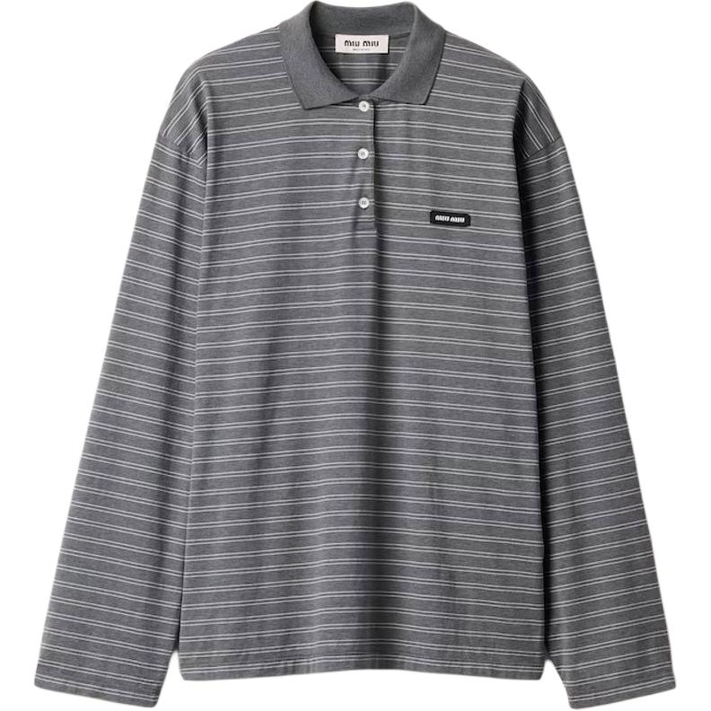 MIU MIU Miu Miu SS25 Striped Cotton Long Sleeve Polo Shirt Women's Gray