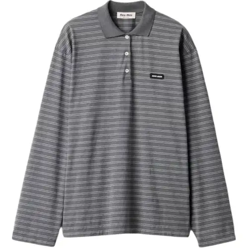 MIU MIU Miu Miu SS25 Striped Cotton Long Sleeve Polo Shirt Women's Gray