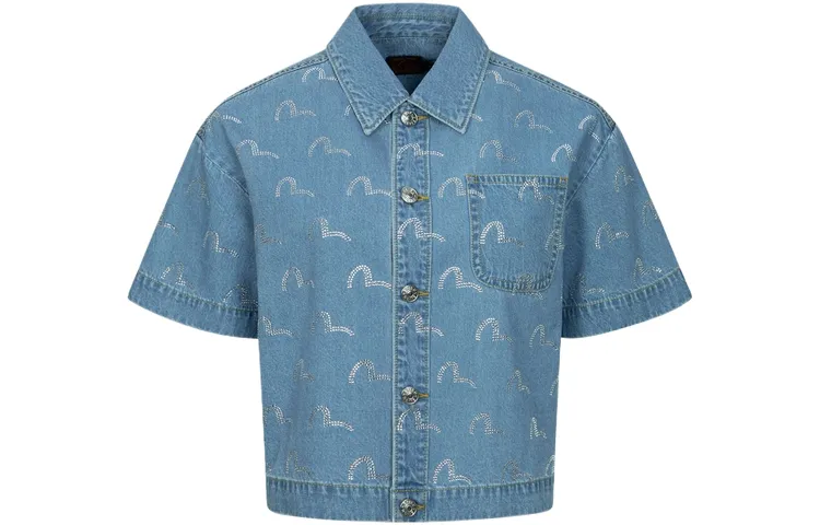 EVISU Shirts Women's Denim Blue All Over Print Lapel Moderate Denim