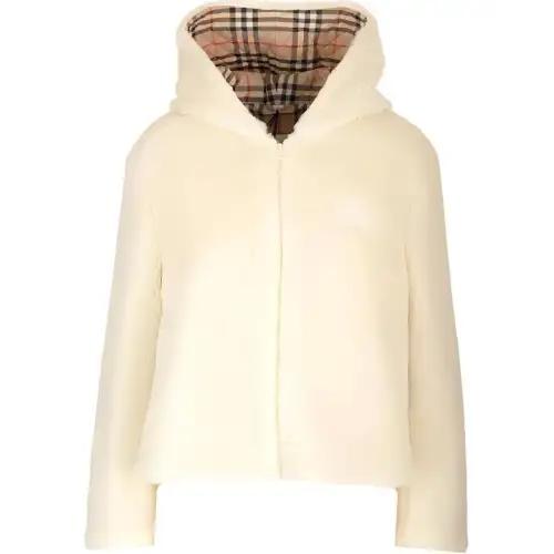Burberry Austrel Logo Embroidered Shearling Hooded Jacket Frosted Vanilla