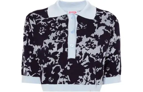 KENZO Flower Jacquard Cropped Fine Knit Polo Top
