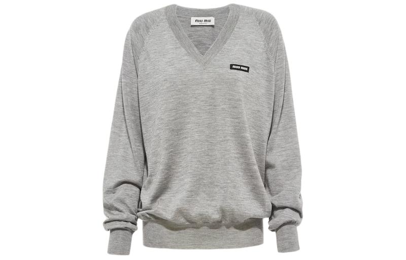 MIU MIU Cashmere And Silk V Neck Sweater Sweatshirt Women's Gray