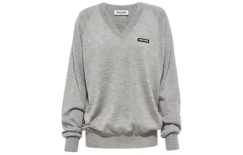 MIU MIU Cashmere And Silk V Neck Sweater Sweatshirt Women's Gray