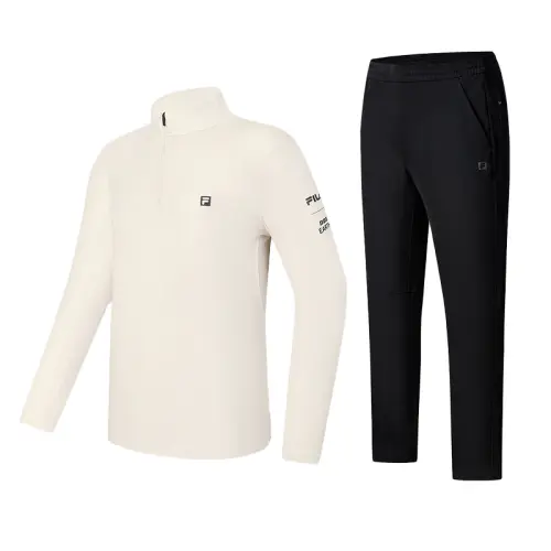 FILA Casual Sportswear Men's Clothing Set Gray T Shirt+Pitch Black Pants Stand Collar Moderate