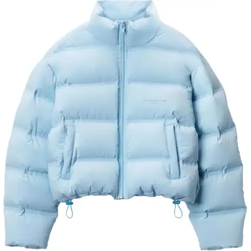 Alexander wang FW24 padded design logo jacquard short stand collar Korean style white goose down rib 5 grid down jacket women's Oxford blue