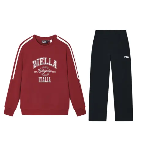 FILA Casual Sportswear Men's Set Tipsy Burgundy Sweatshirt+Jet Black Pants Crew Neck Moderate