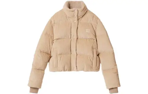 MIU MIU Down Jackets Women's Sand Yellow Stand Collar Fleece Lined Other