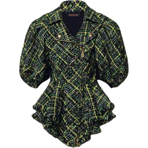 Lv Graphic Tweed Puff Sleeve Biker Jacket