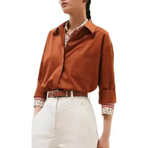 HERMES Shirts Women's Brick Red Lapel Moderate Other