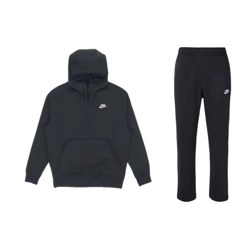 Nike Brand Logo Letter Fleece Lined Hooded Pullover Sweatshirt Knitted Fabric Pants Casual Sportswear Unisex Black