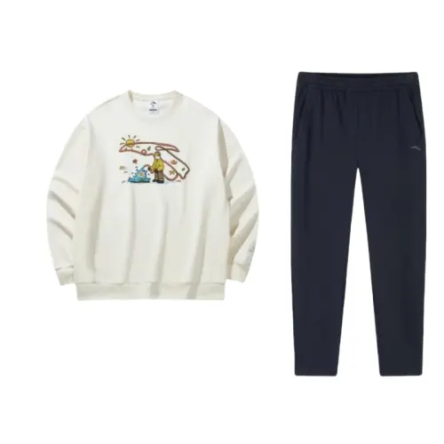 ANTA Casual Sportswear Men's Clothing Set White Top+Black Pants Crew Neck Moderate