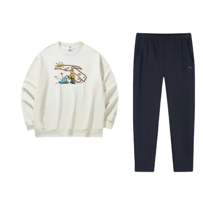 ANTA Casual Sportswear Men's Clothing Set White Top+Black Pants Crew Neck Moderate